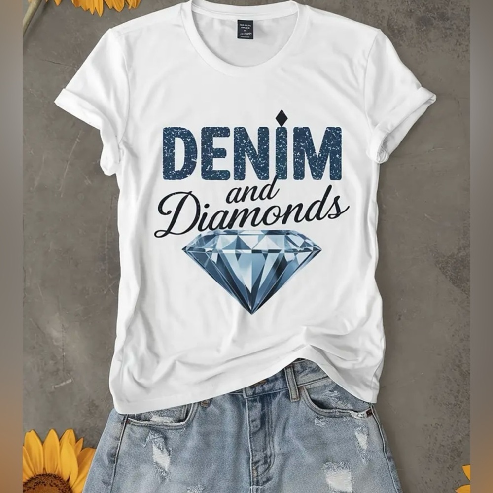 White Short Sleeve Tee with Blue Graphic Design